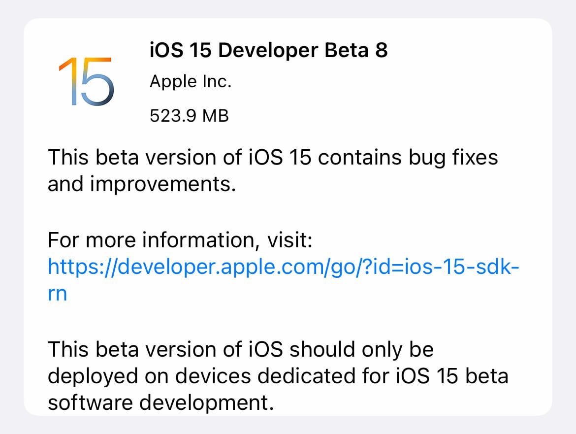 Вышла iOS 15 beta 8 для разработчиков