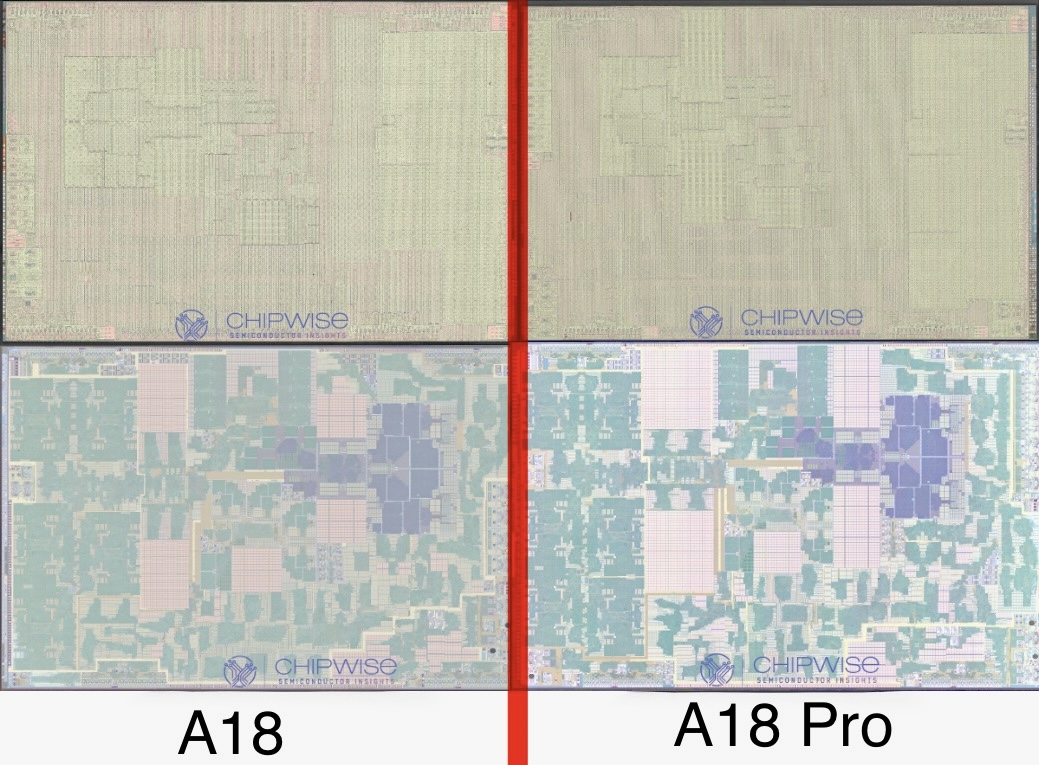 Опубликованы детальные фото процессоров A18 и A18 Pro. Они совершенно разные, хотя раньше все думали иначе